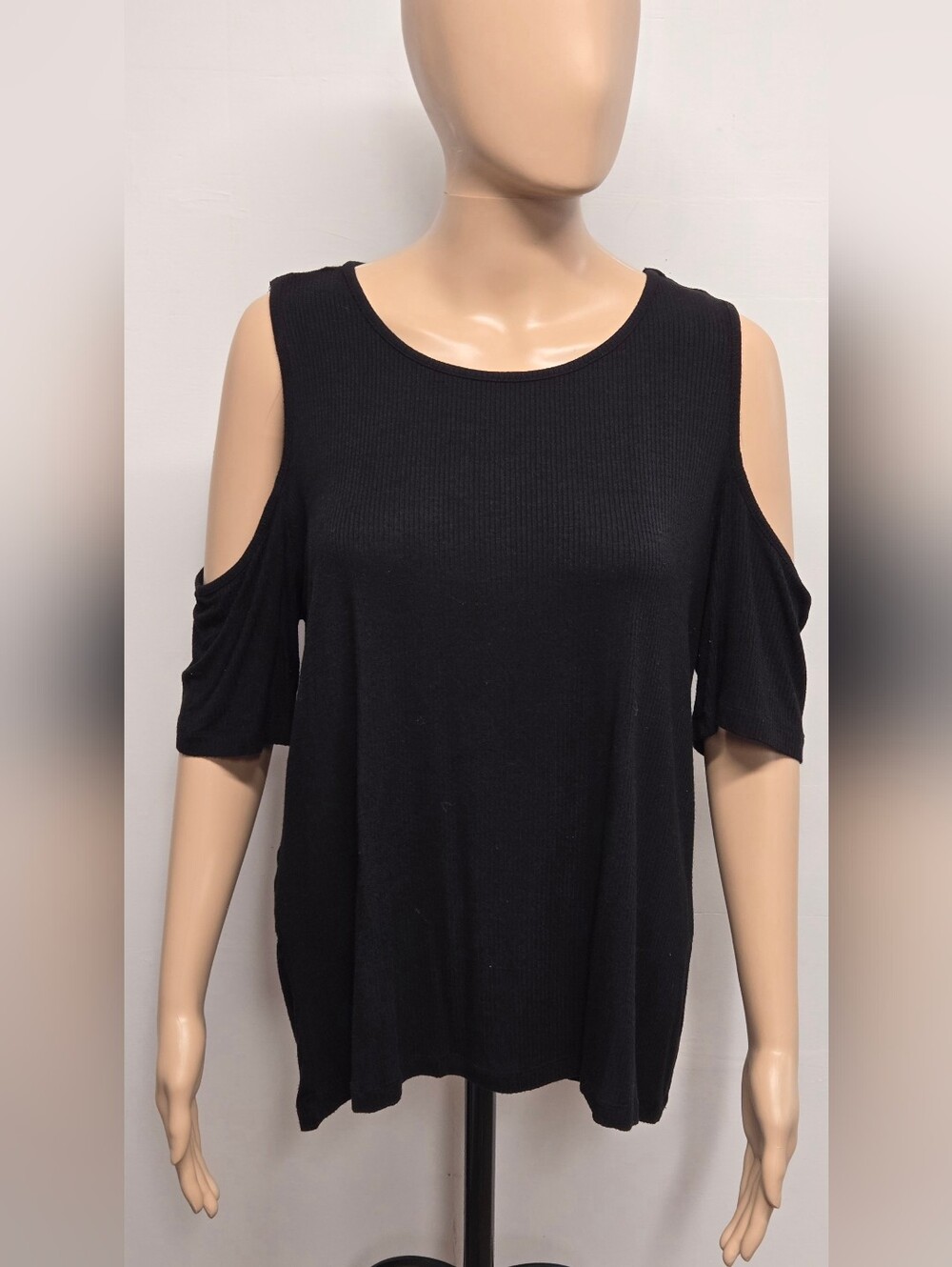 Ambiance 1XL Black Off The Shoulder Short Sleeve Top Ribbed Slinky Stretch Knit